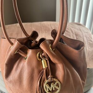 Michael Kors Brown Pebbled Leather Drawstring Shoulder Bag